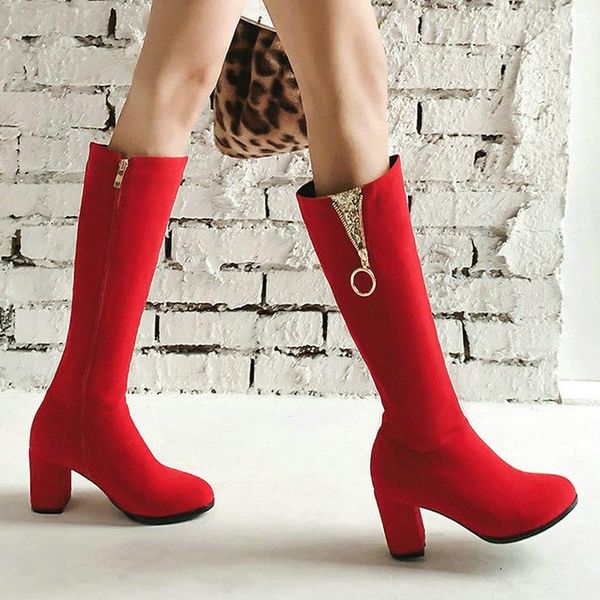 

boots fashion metal decoration women knee high red black round toe square root long with zipper winter