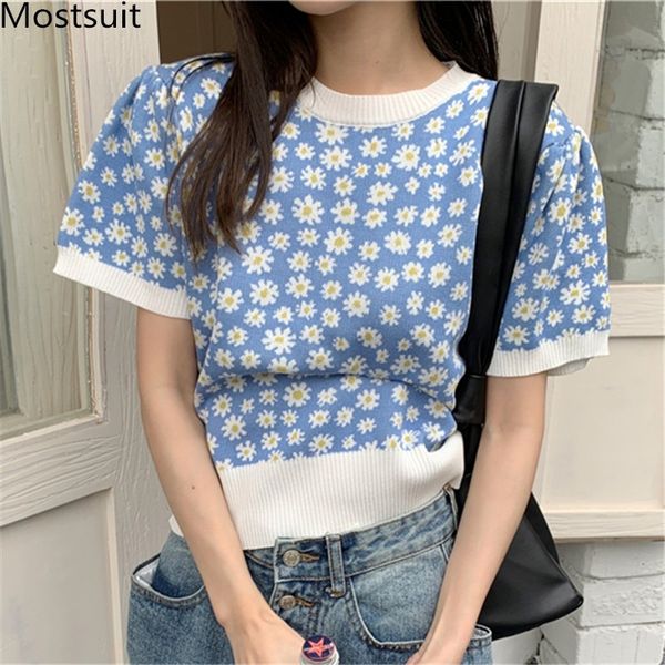 

daisy knitted korean women pullover jumpers summer short sleeve o-neck fashion loose ladies sweaters 210514, White;black