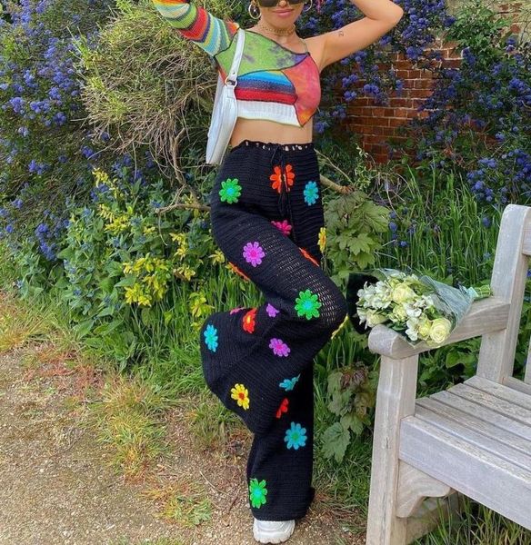 

women's pants & capris fashion summer floral crochet long women girls high street loose flower knitted hollow, Black;white