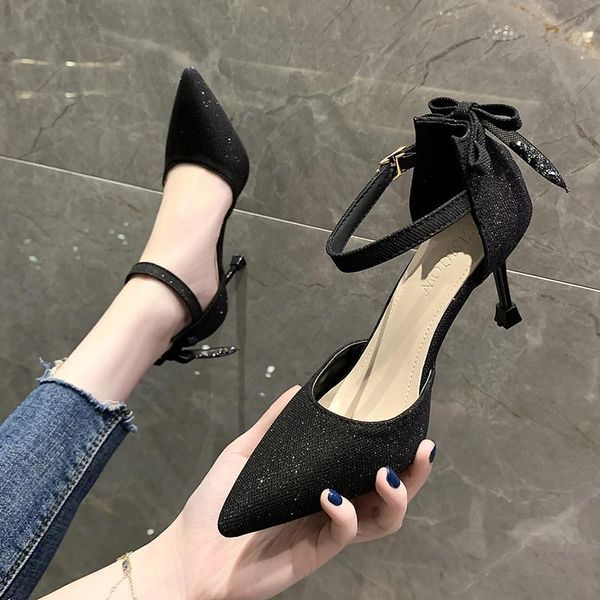 

sandals 2021 spring shoes buckle strap med suit female beige summer heels fashion closed medium black stiletto pointed bow g