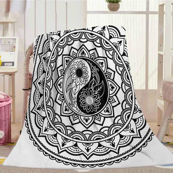 

soft blankets 40" x 50", ying yang plush blanket ornate symbol with lace style blossom patterns inspirational far print, black