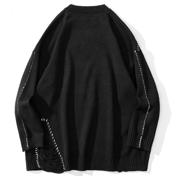 

men's sweaters aolamegs men solid color line art broken hole o-neck jumpers vintage college style knitted baggy casual streetwear lg2f, White;black