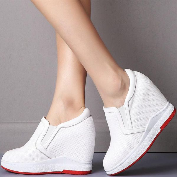 

fashion sneakers women breathable genuine leather wedges high heel ankle boots female slip on round toe platform pumps shoes, Black