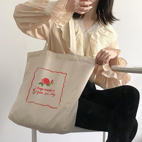 

evening bags embroidery pattern women canvas shoulder simple eco reusable ladies casual tote handbags large capacity female shopping bag