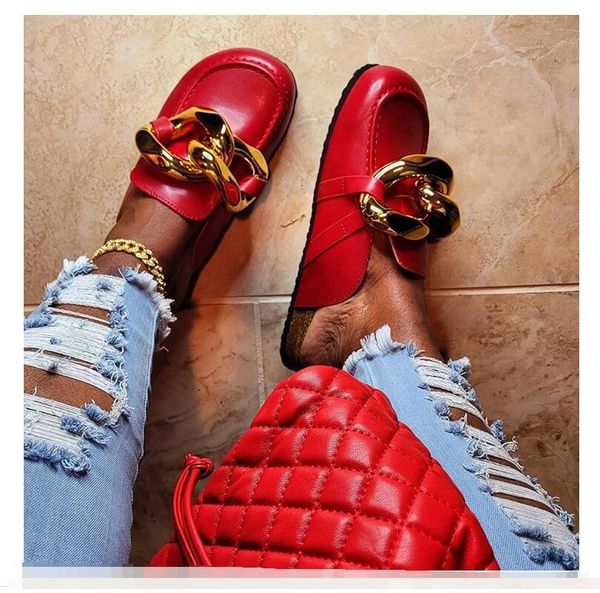 

slippers mental chain women fashion flat casual closed toe half 2021, Black