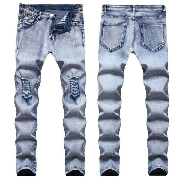 

men's jeans men fashion long casual slim fit stretch pants ripped trousers, Blue