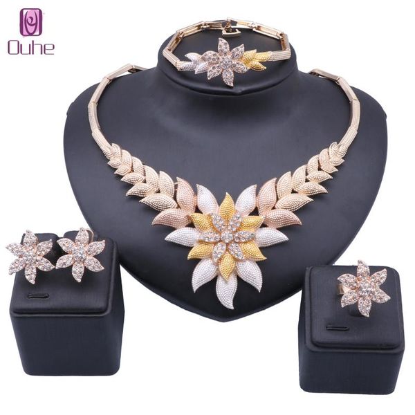 

earrings & necklace dubai gold color bridal wedding ring sets flower crystal bracelet jewelry set for women dress, Silver