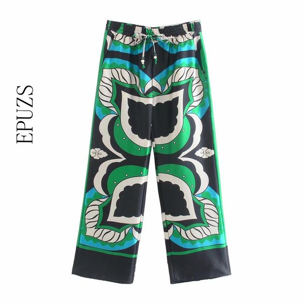 

women's pants & capris za 2021 drawstring wide leg women vintage print high elastic waist female loose trousers streetwear, Black;white