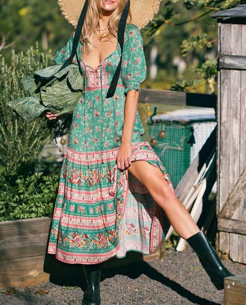 

happie queens hippie women multi floral print bohemian dress ladies short sleeve off shoulder sashes rayon maxi dresses vestidos casual, Black;gray