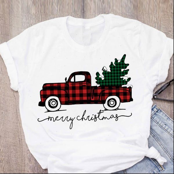 

women t shirt graphic cartoon plaid truck tree holiday year merry christmas clothing female printed lady, White