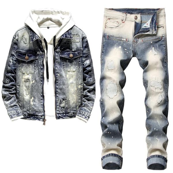 

men's tracksuits distressed denim jacket jeans straight pencil pants 2 pcs set slim fit men sets, Gray