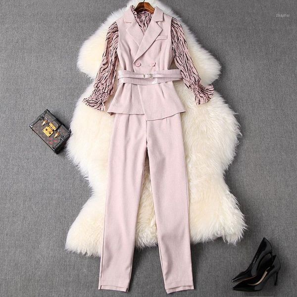 

two piece dress 2021 spring women pant suit office lady ruffles stand collar chiffon blouse + double breatsed vest 3 set, White