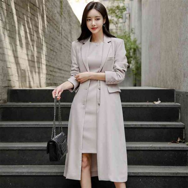 

elegant women long blazer coat spring autumn notched collar sleeve office lady outerwear work 210603, White;black