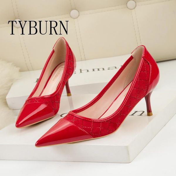 

fashion women's shoes shallow mouth pointed toe plaid rhinestone stitching high heels dress, Black