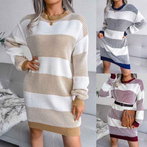 

casual dresses women's round neck dress striped loose sweater knitted pencil skirt long sleeve stitching contrast color slim pullover, Black;gray