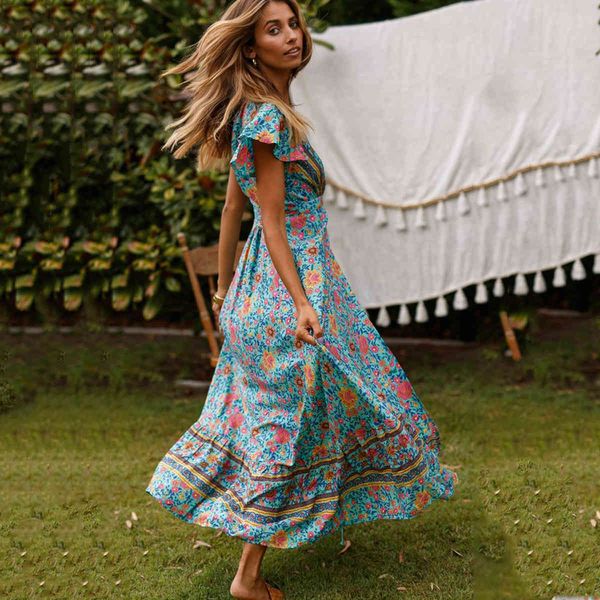 

casual dresses green floral print wrap short butterfly sleeves boho summer v-neck women maxi beach dress 6efy, Black;gray