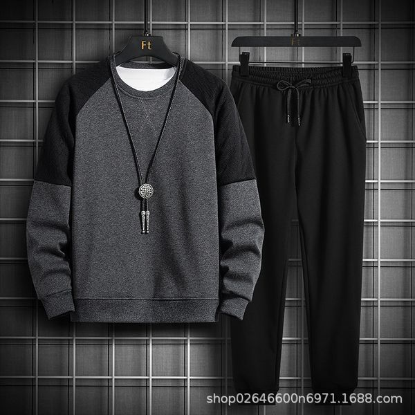 

2021 autumn sportswear casual with handsome round neck sweater men's set, Black