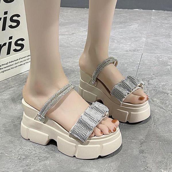 

slippers rimocy fashion crystal wedges women summer open toe pleated chunky platform sandals woman 2021 thick high heels slides, Black