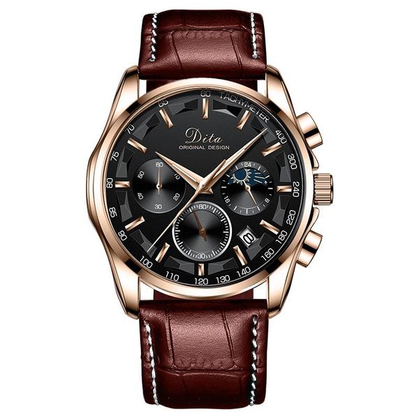 

wristwatches sport chronograph mens business watches leather brown quartz clock waterproof big dial watch men, Slivery;brown
