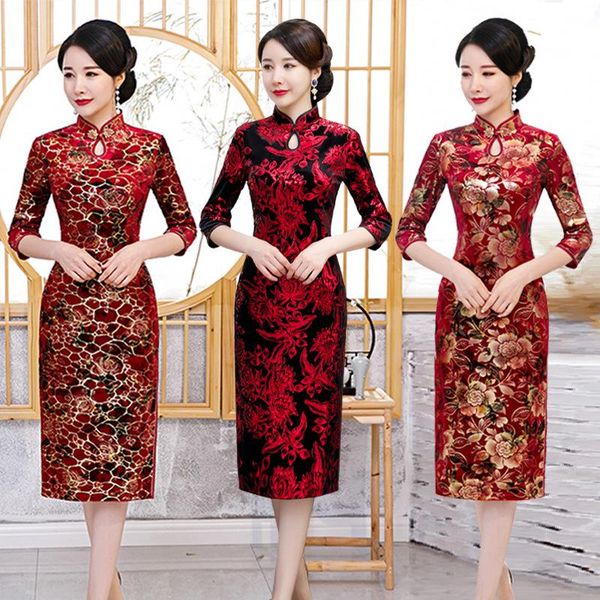 

gold velvet evening party dress chinese style women velour qipao improved half sleeve print cheongsam oversize 5xl ethnic clothing, Red