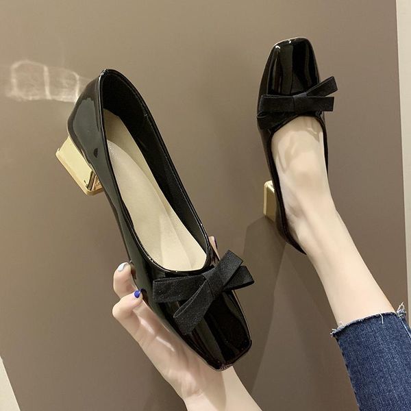 

dress shoes autumn sweet high heels thick heel pointed toe bow patent leather and cute style pumps zapatos tacon mujer u28-35, Black