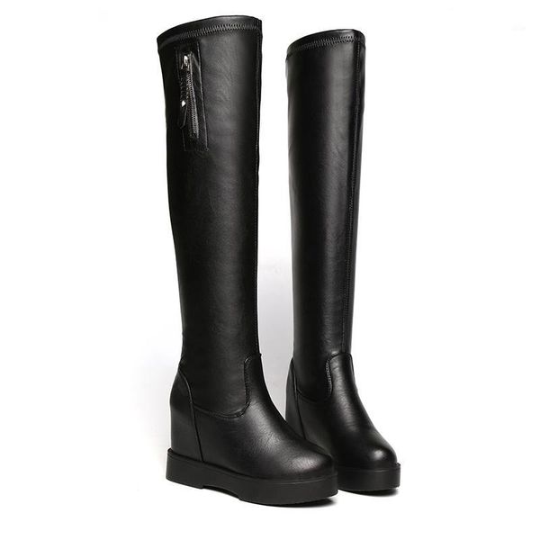 

boots women knee high autumn 2021 female platform shoes black stretch leather winter warm plush1