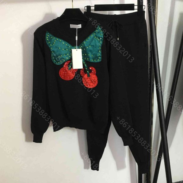 

21ss designer women clothing wool knit tracksuit hoodie sweater set long sleeve round neck pullover elastic waist casual pants cherry diamon, White