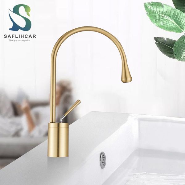 

brushed gold bathroom kitchen basin faucet teardrop-shaped gentle effluent 360 degree rotating cold water mixer tap