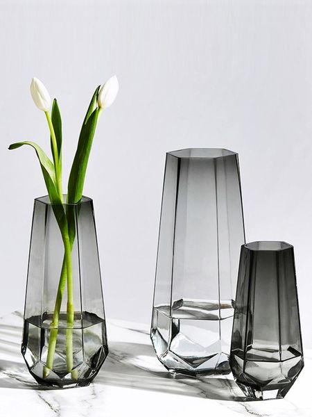 

creative simple hexagonal corner transparent glass vase dark green water rose flower living room decorative container vases