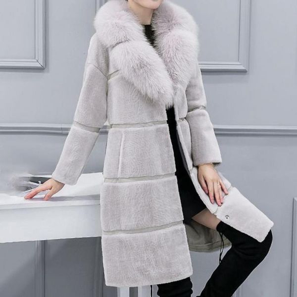 

women's wool & blends faux fur coat long sleeve thick autumn winter mid-length plush turn down collar overcoat warm single breasted for, Black