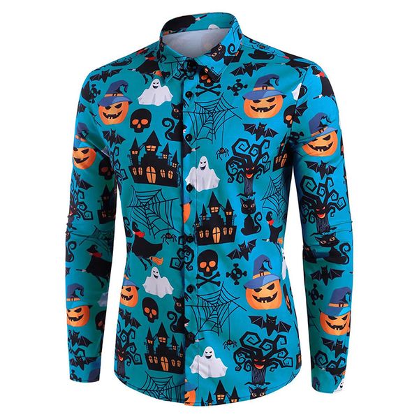 

halloween men's castle pumpkin skull print button shirt, White;black