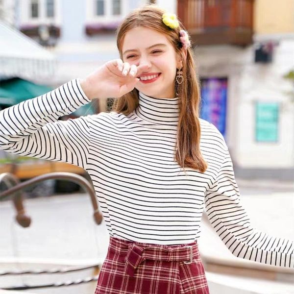 

women's t-shirt fall winter white long sleeve gothic black sailor's striped t shirt preppy style fleece thick thermal basic tee sh