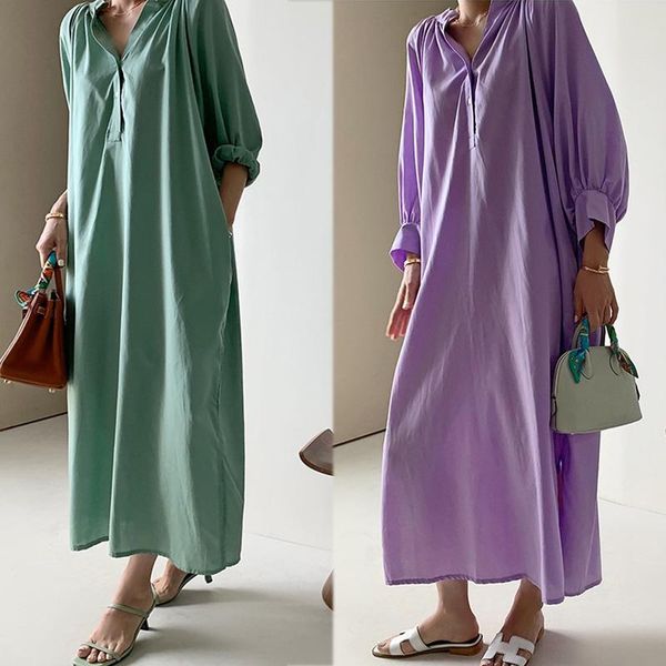 

casual dresses autumn simple solid loose green puff sleeve dress women vestido feminino retro full fashion wild, Black;gray