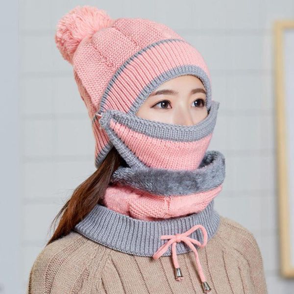 

beanie/skull caps 3pcs womens winter scarf set thickend knitted hat face cover outdoor girls accessory, Blue;gray