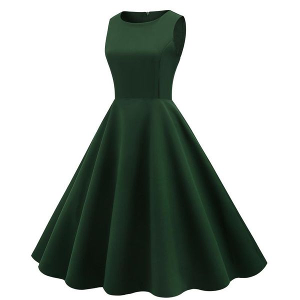 

casual dresses women's summer dress fashion sleeveless o neck vintage solid party swing green women 2021 sukienki damskie, Black;gray
