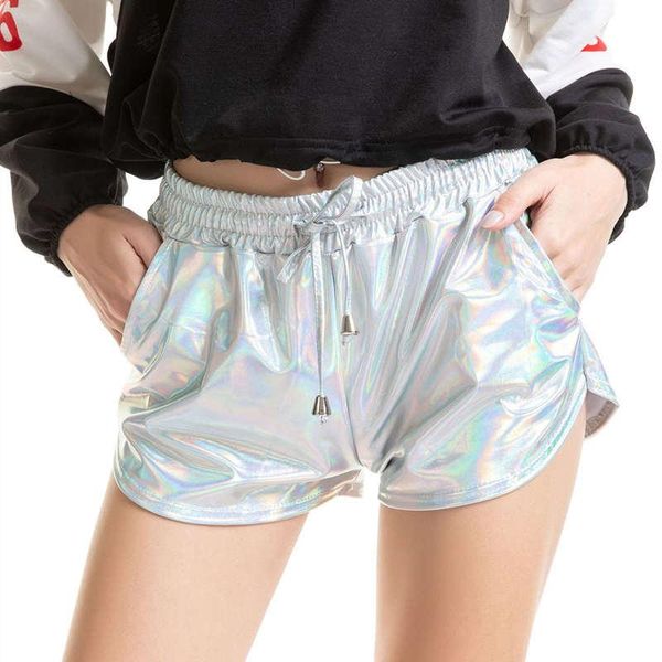 

women's shorts streetwear lace up pu bright leather women silver pants fashion elastic waist casual summer c7439, White;black