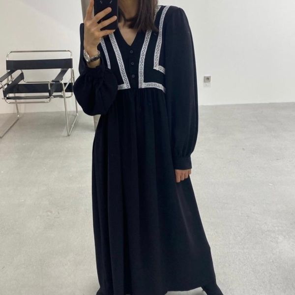 

casual dresses chic korean autumn 2021 elegant patchwork woman dress v-neck loose long sleeve robe female vintage print midi vestidos mujer, Black;gray