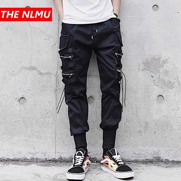

mens multi-pocket elastic waist harem pant men streetwear punk hip hop casual ribbons trousers joggers male black pants gw175 men's