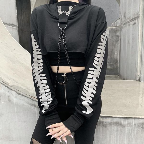 

women's hoodies & sweatshirts women casual long sleeve sweatshirt coat fashion reflective fish bone print exposed navel hooded 2021 au, Black
