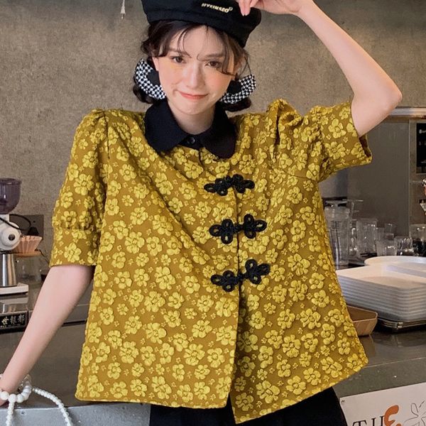

21 summer fashion temperament yellow floral doll collar chinese knot single-breasted short-sleeved shirt women 16f1133 210510, White