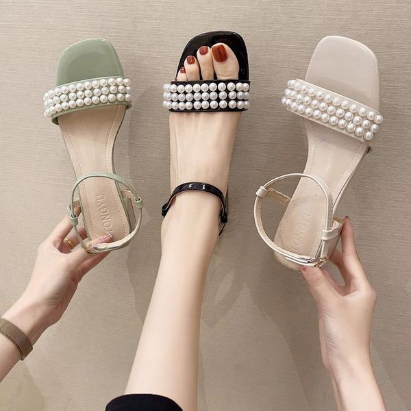 

slippers casual shoes square heel string bead med slipers women slides luxury block 2021 basic fashion hoof heels rome pu, Black
