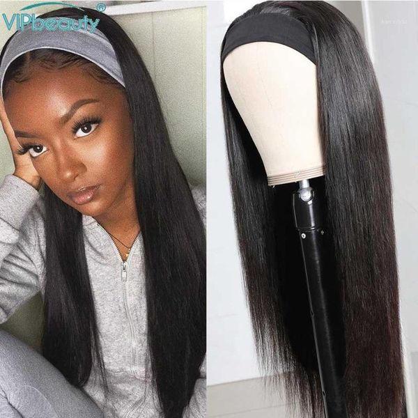 

straight headband wig long 10-24 inch hair human peruvian remy for black women machine made vip 180%1, Black;brown