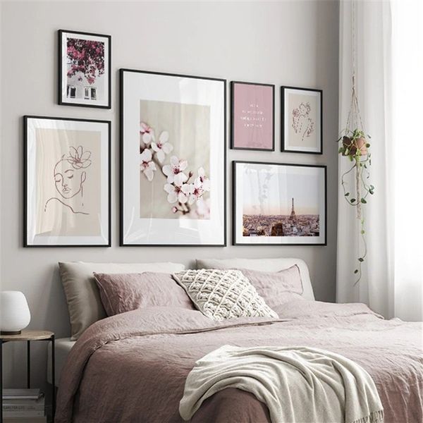 

unframed northern european architectural landscape painting flowers peach abstract lines girl print home wall art poster