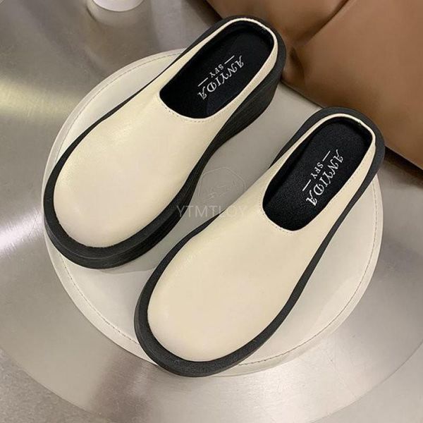 

high-heeled shoes lady slippers women summer platform cover toe slides on wedge heels rubber pu retro zapatillas mujer casa, Black