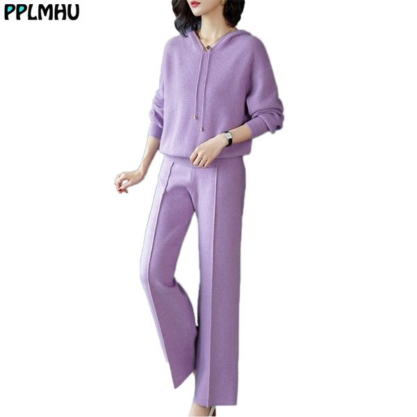 

casual solid color mom's sport two-piece suit fashion hooded pullover and knitted wide leg pants women autumn female 210522, White