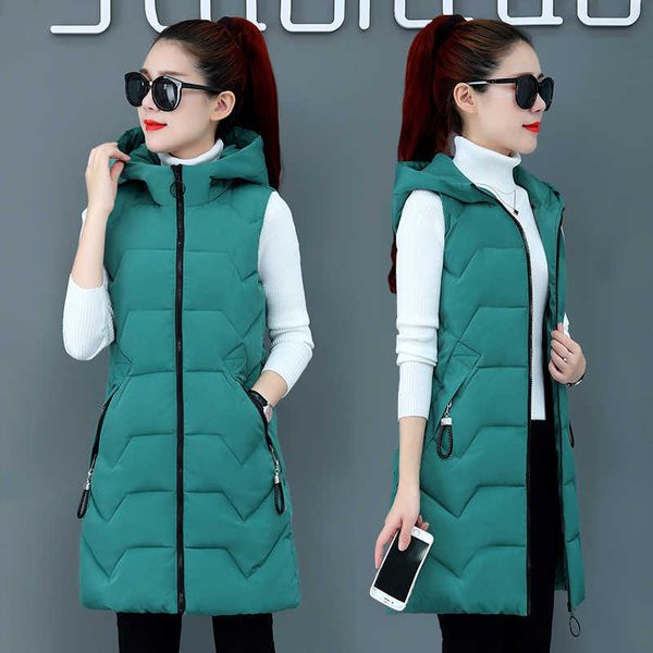 Moda in cotone gilet donna con cappuccio giacca con cappuccio autunno inverno coreano plus size sottile senza maniche giacca lungo caloroso gilet 3XL 211008