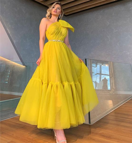 

a line tulle prom dresses aso ebi cocktail party graduation gowns with bow one shoulder sash women club wear special occasion, Black