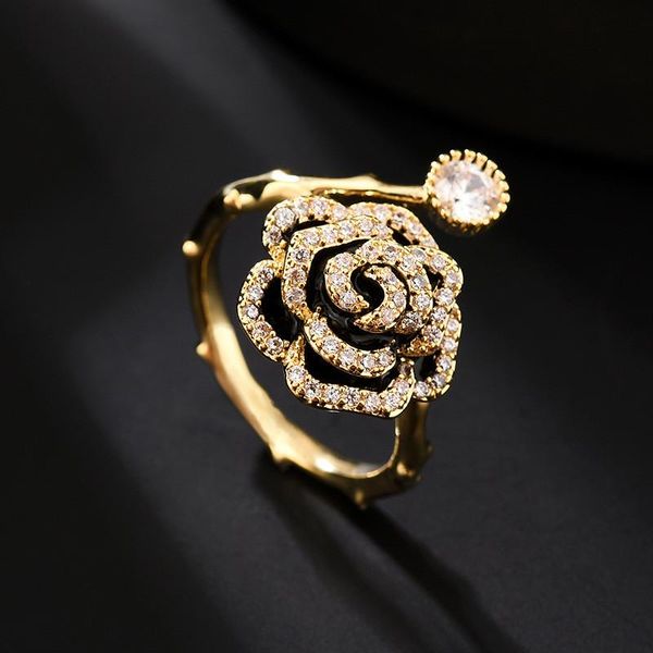 

wedding rings rose flower shape luxury boho 14k copper cubic zirconia ring for women charm adjustable crystal fine party jewelry, Slivery;golden