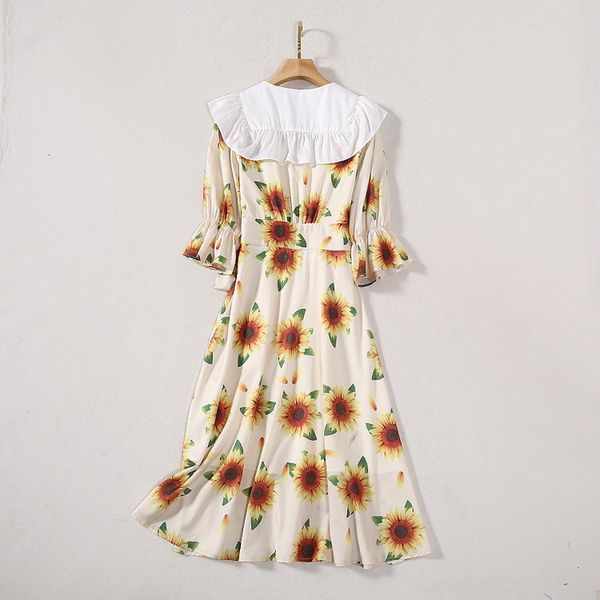 

capris korean fashion 2021 summer style ladies peter pan collar suower print flare sleeve mid-calf length casual sun, Black;gray