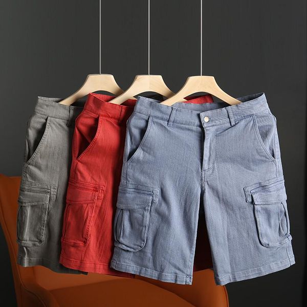 

men's shorts men jeans multi-pocket knee length loose cargo summer causal male cotton denim short pants beach boardshort, White;black